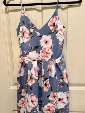 Soprano Blue/Gray Floral Spaghetti-Strap Dress with Pink Blooms